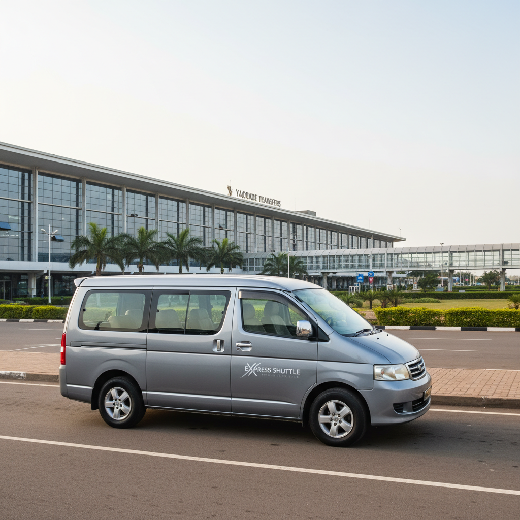 A well-maintained dark silver minivan with discreet branding parked neatly in front of Nsimalen Yaounde International Airport, positioned near the arrivals area. The camera captures a wide-angle view showing the terminal’s distinctive structure, glass panels, and covered walkway stretching into the distance. Early morning diffused light creates a fresh, calm atmosphere, with subtle reflections on the minivan’s body and windshield. Luggage-friendly rear and side doors are clearly visible to suggest capacity without showing any passengers. The composition uses the rule of thirds, with the van in the foreground and the airport framing the background, conveying reliable, professional airport transfers in a realistic, documentary-style photograph.