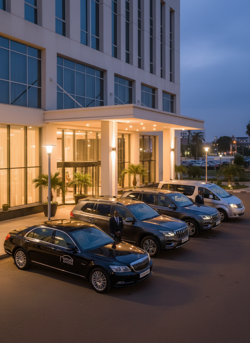 A line of three professional airport transfer vehicles—a black luxury sedan, a dark gray SUV, and a silver minivan—parked in front of a contemporary hotel exterior in Yaounde at twilight. The hotel façade features clean architectural lines, large windows, and a softly lit entrance canopy. Street lamps and warm hotel lighting create a gentle glow that reflects off the vehicles’ polished surfaces. The camera is set at a slightly elevated angle, capturing the organized lineup and the welcoming hotel entrance in sharp focus. The scene feels orderly and upscale, with a calm, reassuring atmosphere, emphasizing seamless, door-to-door transfers between Cameroon’s airports and local hotels in photographic realism.