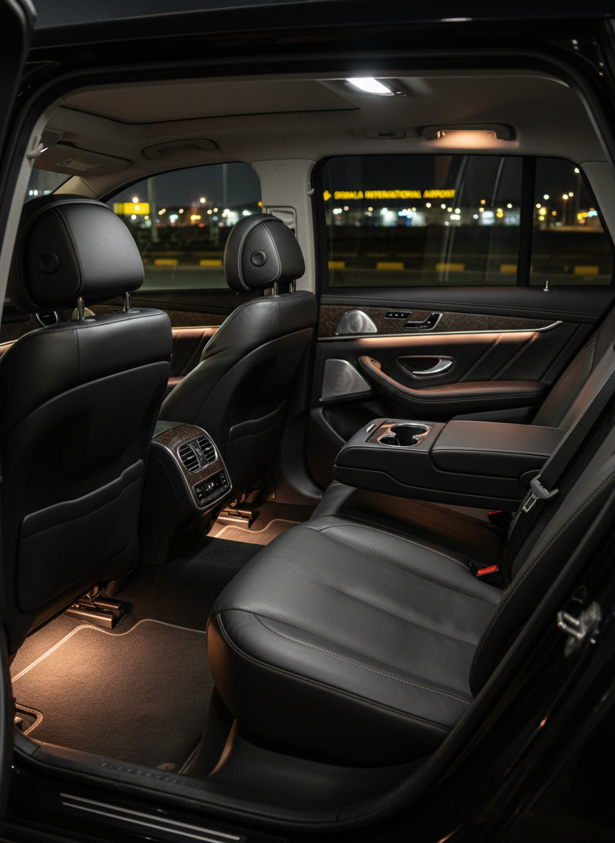 The interior of a premium airport transfer vehicle, showcasing the rear passenger seating area with dark leather seats, subtle contrast stitching, and a perfectly clean, uncluttered cabin. The camera is positioned from the open rear door looking in, highlighting generous legroom, soft ambient lighting along the door panels, and a neat central console. Through the opposite window, a blurred hint of Douala airport’s terminal lights and signage suggests location without distracting detail. Soft, even artificial lighting inside the vehicle creates a comfortable, secure mood, while the outside remains slightly darker. The composition is centered on the seating area, using shallow depth of field for a professional, photographic style that communicates comfort and business-class service.