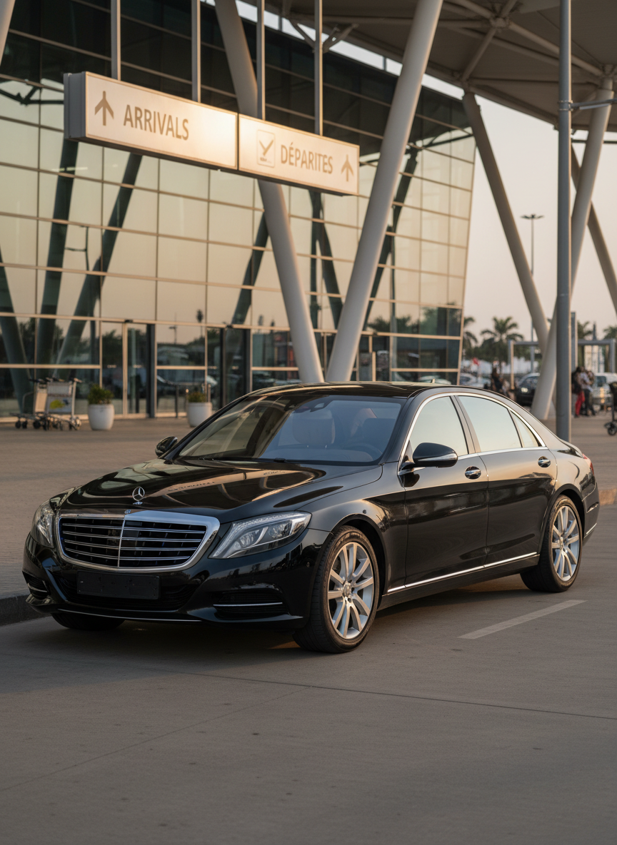 A polished black executive sedan with subtle chrome detailing waiting curbside at the main terminal entrance of Douala International Airport. The vehicle is angled three-quarters toward the camera, doors closed, windows lightly tinted, and bodywork reflecting the glass façade of the terminal. Overhead, clear directional signage and modern architectural lines of the airport create a sense of place. Late afternoon natural light casts soft, warm highlights on the car’s contours and gentle shadows on the smooth pavement. Photographic realism at eye level, with a clean, professional mood, sharp focus on the vehicle and a slightly blurred background emphasizing efficient, premium airport transfer service in Cameroon.