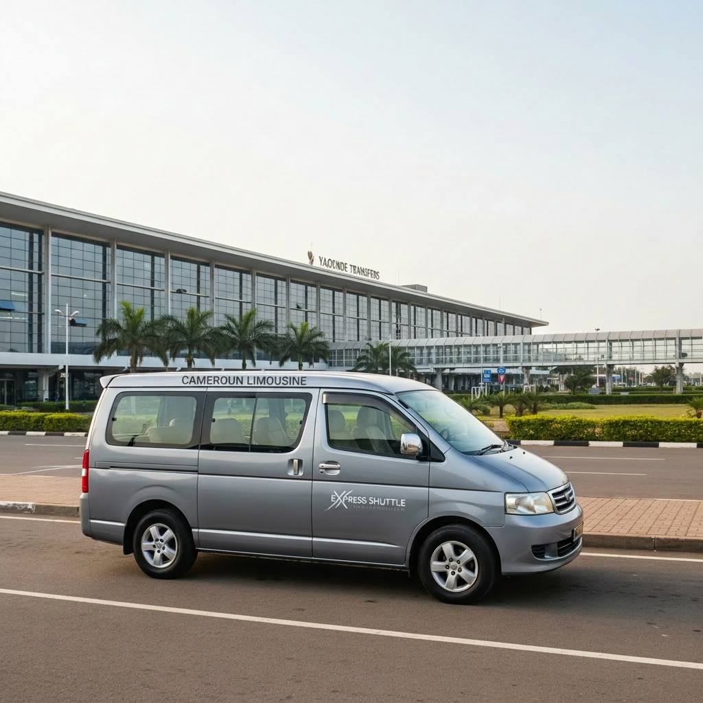 A well-maintained dark silver minivan with discreet branding parked neatly in front of Nsimalen Yaounde International Airport, positioned near the arrivals area. The camera captures a wide-angle view showing the terminal’s distinctive structure, glass panels, and covered walkway stretching into the distance. Early morning diffused light creates a fresh, calm atmosphere, with subtle reflections on the minivan’s body and windshield. Luggage-friendly rear and side doors are clearly visible to suggest capacity without showing any passengers. The composition uses the rule of thirds, with the van in the foreground and the airport framing the background, conveying reliable, professional airport transfers in a realistic, documentary-style photograph.