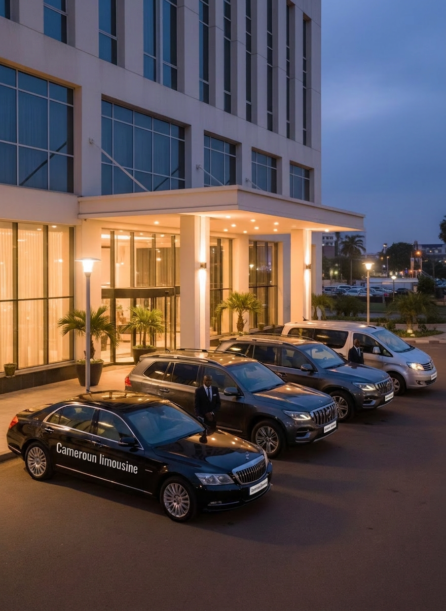 A line of three professional airport transfer vehicles—a black luxury sedan, a dark gray SUV, and a silver minivan—parked in front of a contemporary hotel exterior in Yaounde at twilight. The hotel façade features clean architectural lines, large windows, and a softly lit entrance canopy. Street lamps and warm hotel lighting create a gentle glow that reflects off the vehicles’ polished surfaces. The camera is set at a slightly elevated angle, capturing the organized lineup and the welcoming hotel entrance in sharp focus. The scene feels orderly and upscale, with a calm, reassuring atmosphere, emphasizing seamless, door-to-door transfers between Cameroon’s airports and local hotels in photographic realism.